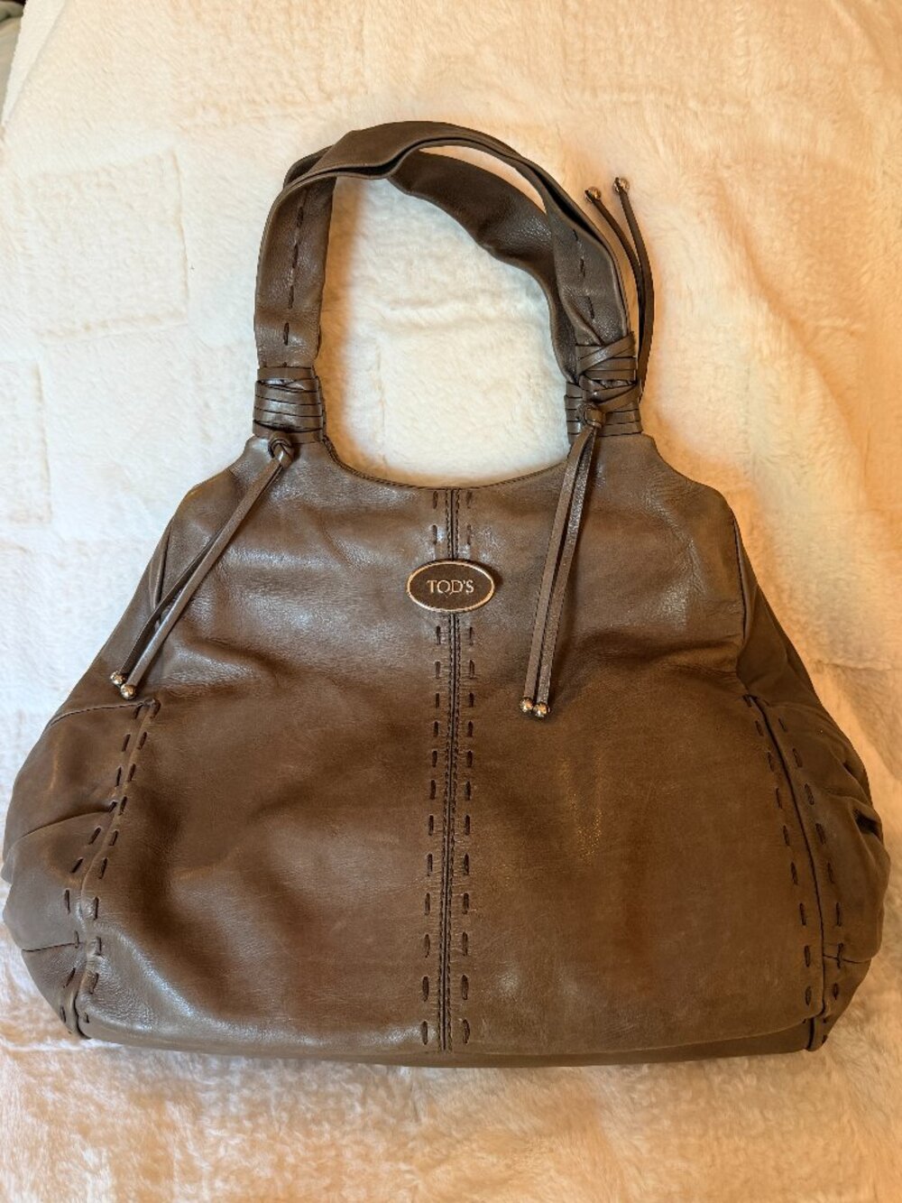 Luxurious TOD'S Vintage Taupe Brown Leather Whipstitch Satchel Hand Bag
